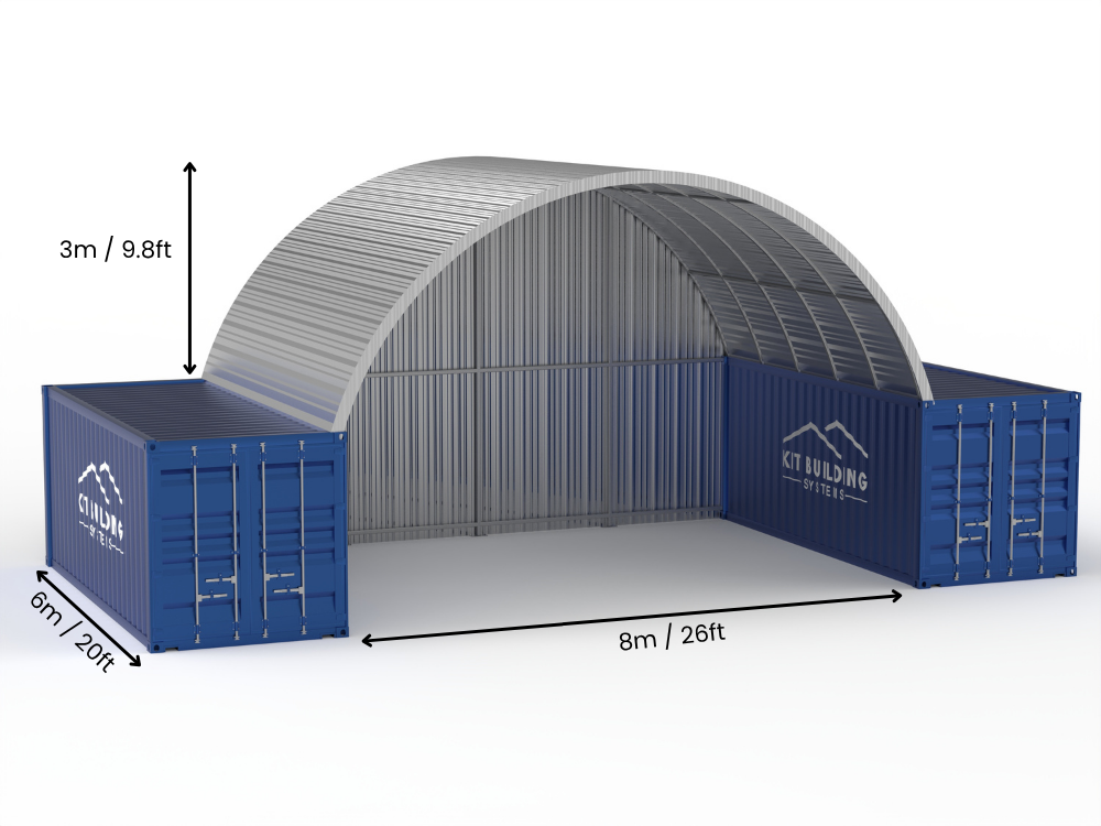 Apertura 8m (26ft) | Pensiline in Acciaio per Container Larghezza 26ft, Altezza 10ft (8m x 3m)