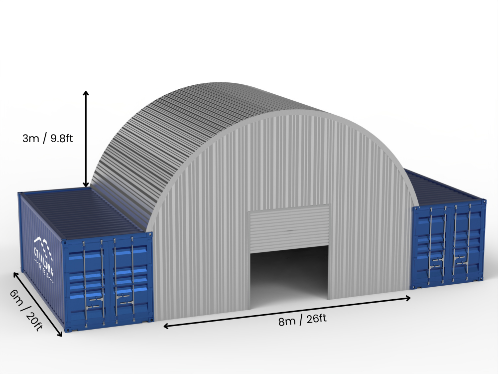 Apertura 8m (26ft) | Pensiline in Acciaio per Container Larghezza 26ft, Altezza 10ft (8m x 3m)