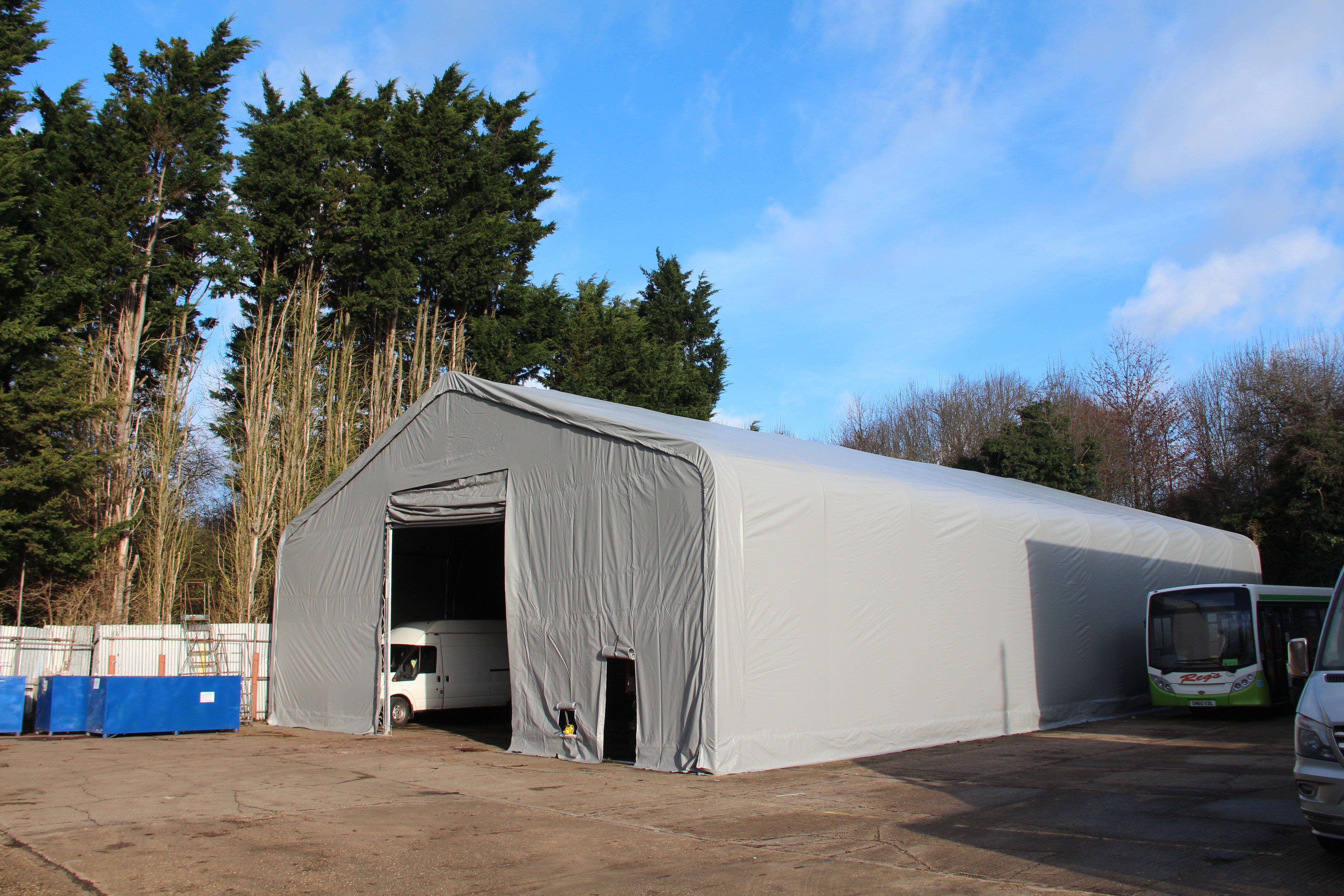 gray fabric warehouse exterior