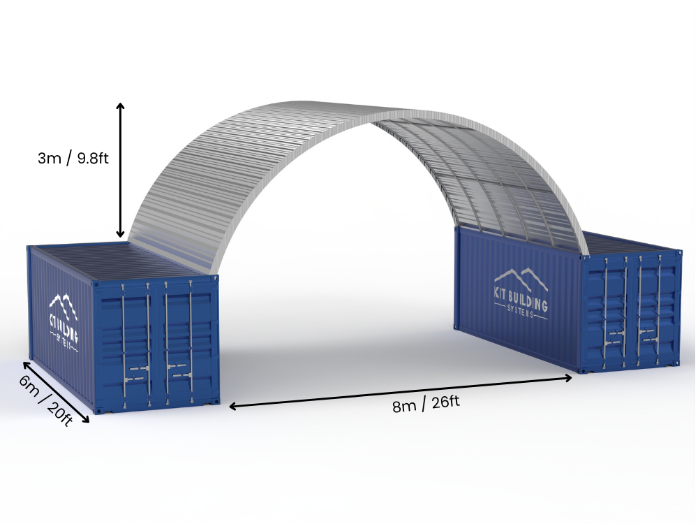 Apertura 8m (26ft) | Pensiline in Acciaio per Container Larghezza 26ft, Altezza 10ft (8m x 3m)