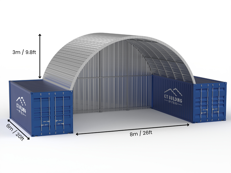 Apertura 8m (26ft) | Pensiline in Acciaio per Container Larghezza 26ft, Altezza 10ft (8m x 3m)