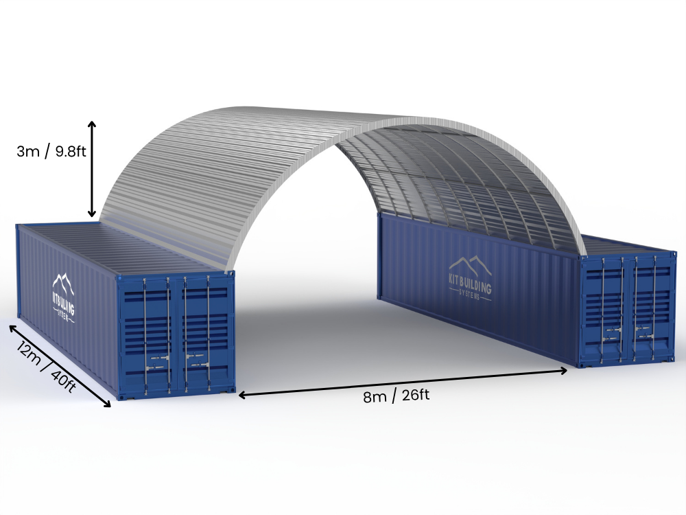 Apertura 8m (26ft) | Pensiline in Acciaio per Container Larghezza 26ft, Altezza 10ft (8m x 3m)