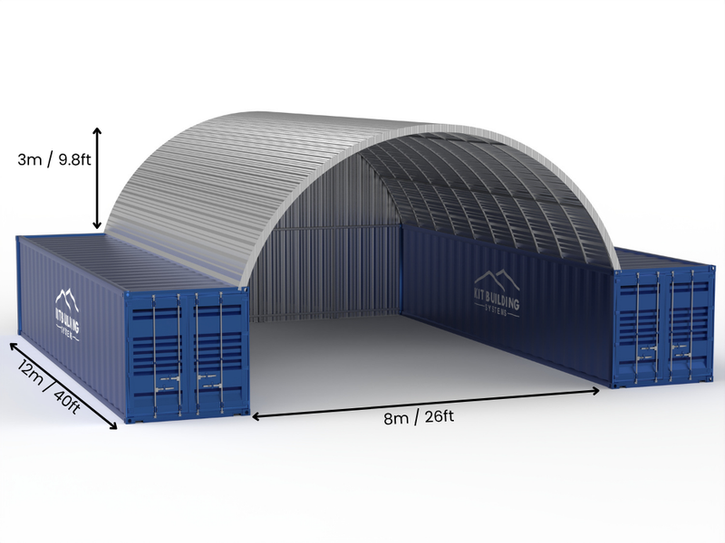 Apertura 8m (26ft) | Pensiline in Acciaio per Container Larghezza 26ft, Altezza 10ft (8m x 3m)